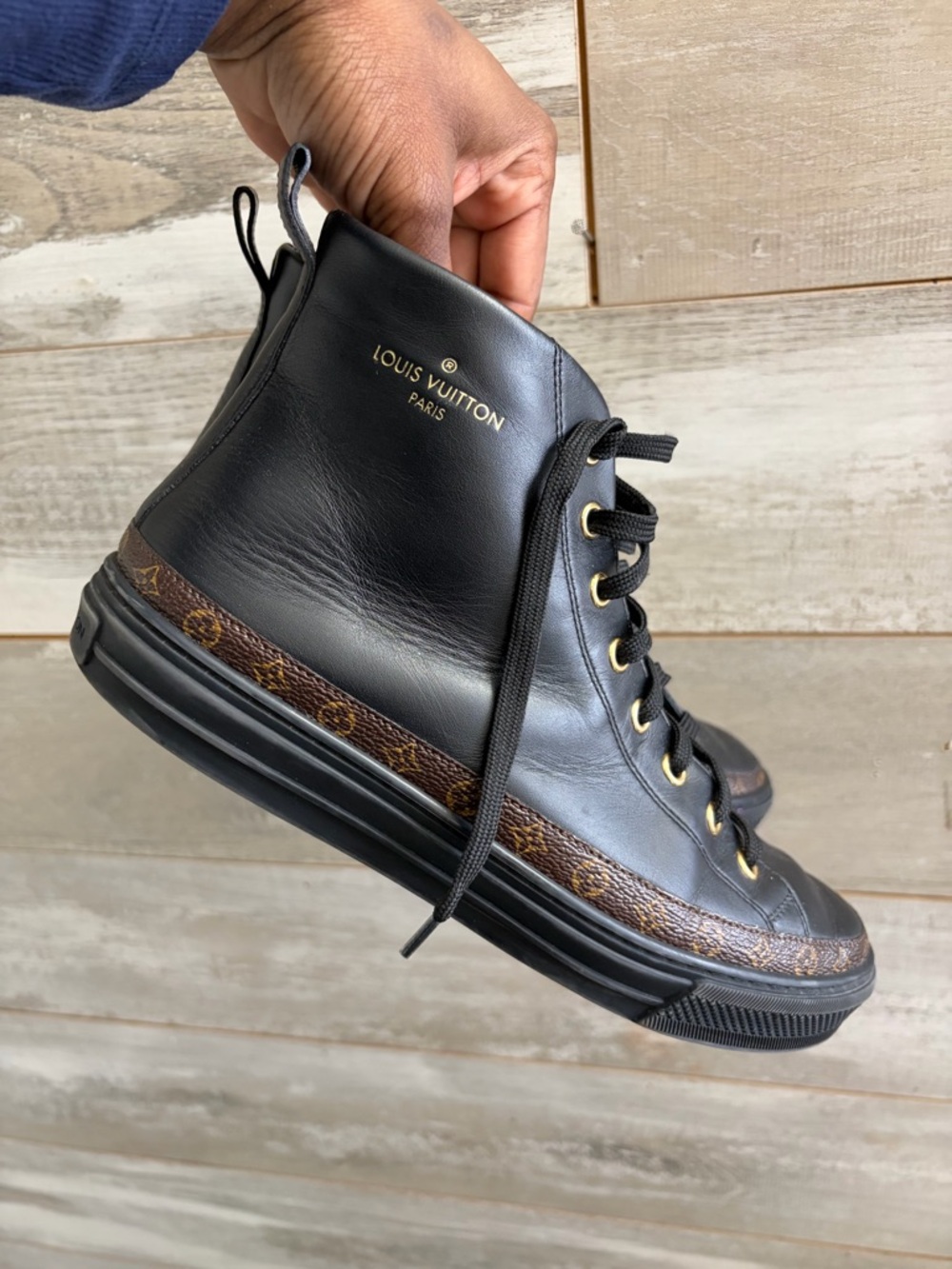 Authentic Louis Vuitton Black Leather High-Top Sneakers with Monogram Trim